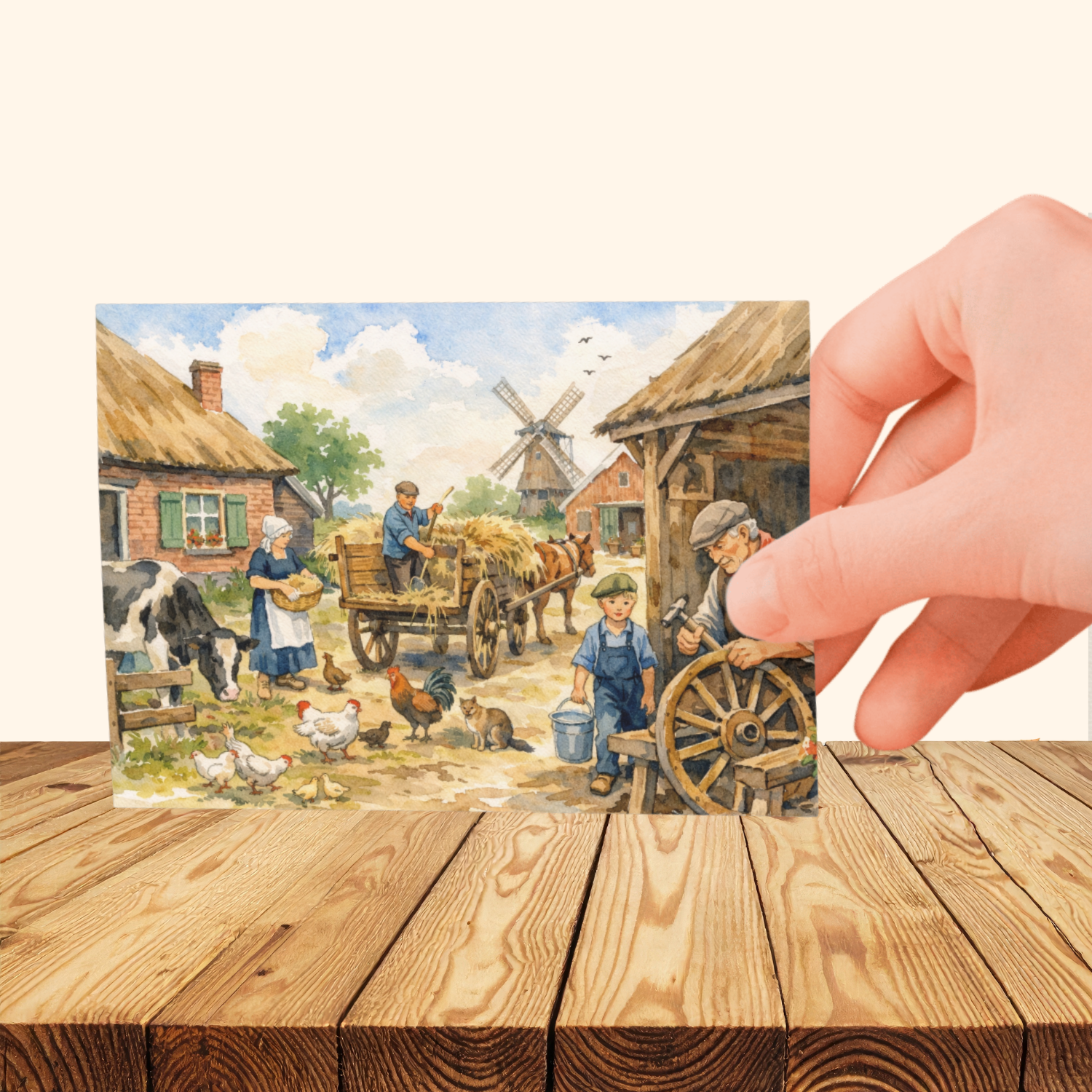 boerenerf ansichtkaart met windmolen en boerderij dieren