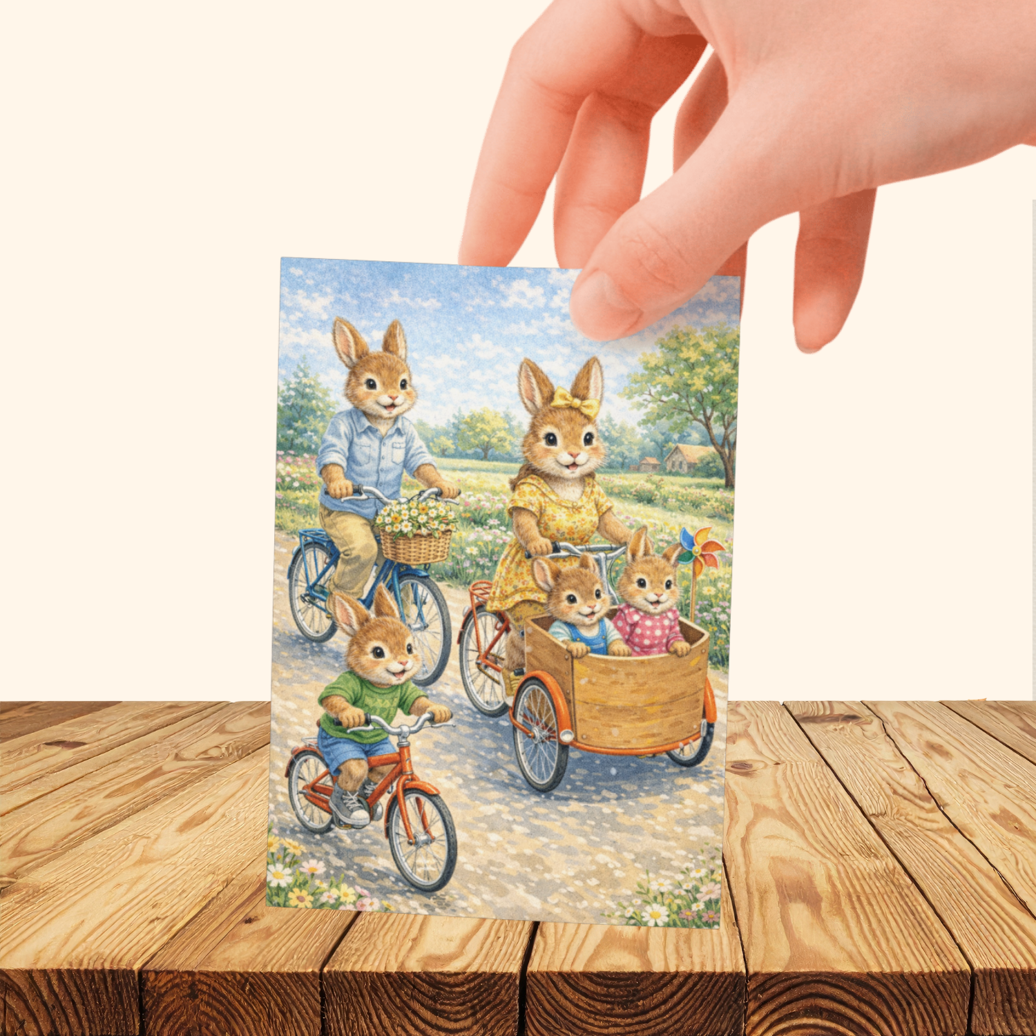 schattige konijnen kaart met konijnenfamilie op bakfiets en fiets