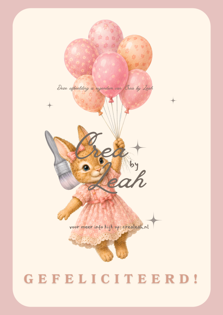 Felicitatiekaart met een konijntje in een roze jurk en kleurrijke ballonnen